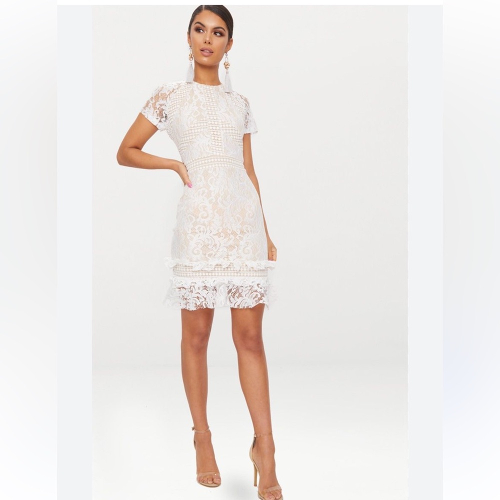 PrettyLittleThing White & Nude Frill Hem Lace Bodycon Dress 8